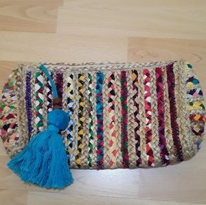Woven multicolored braided twine zip clutch